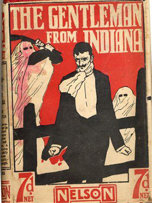 Cover of book "The Gentleman from Indiana" with an illustratino of a man in a suit standing by a fence. Behind him are two men in white sheets, one holding a machete poised to attack him.