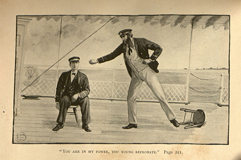 Full page illustration showing the captain of a ship reprimanding a seated boy. A chair is upturned next to him.  Caption says, "You are in my power, you young reprobate."