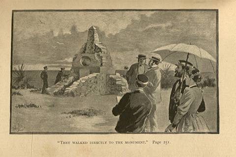 Full page illustration showing a well dressed couple with a sun umbrella accompanied by 3 other men, walking towards a monument in a desert. 
