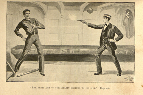 Full page illustration a man firing a gun at another man.  The two men are facing each other on either side of the picture.