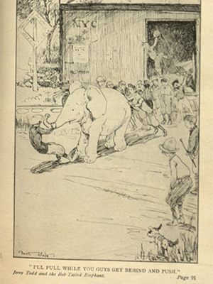Full page illustration of a group of children trying to push an elephant out of a shed from  from "Jerry Todd and the Bob Tailed Elephant.".  The caption is "I'll pull while you guys get behind and push."