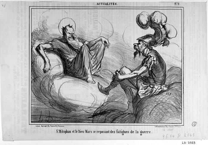 Daumier cartoon: Saint Mitrophan and the god Mars resting from the fatigues of war.