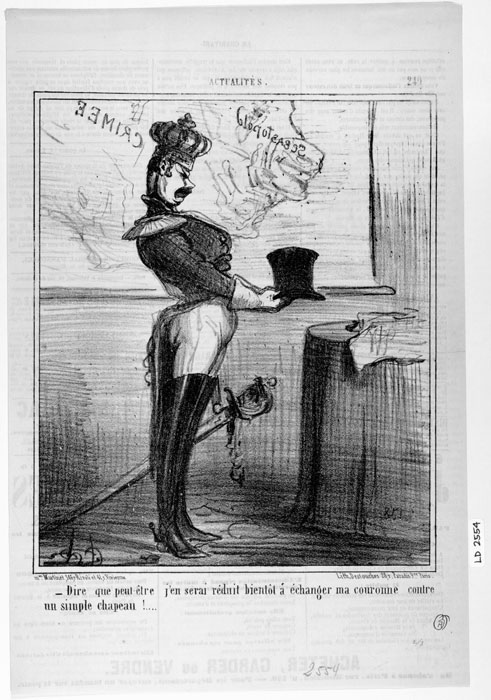Daumier cartoon of Czar Alexander the II saying: They say that I will soon be reduced to exchanging my crown for a simple hat!