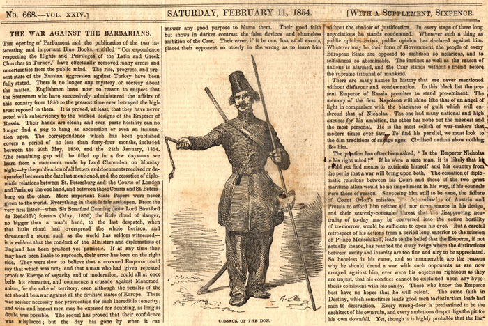 Cossack of the Don on newspaper page with article text on either side