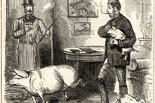 Exhibit section "War's Aftermath" with cartoon by John Leech of a soldier with pigs accustomizing himself to high noise levels