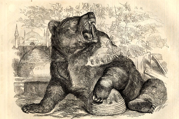 Exhibit section "Turkey and the Russian Bear" with illustration by John Tenniel: "The Bear and the Bees -- A New Version of an Old Story"