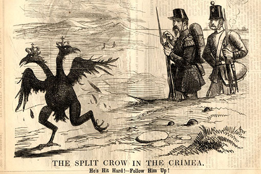 Exhibition section "Negotiating the Peace" with cartoon by John Leech: The Splilt Crow in the Crimea 