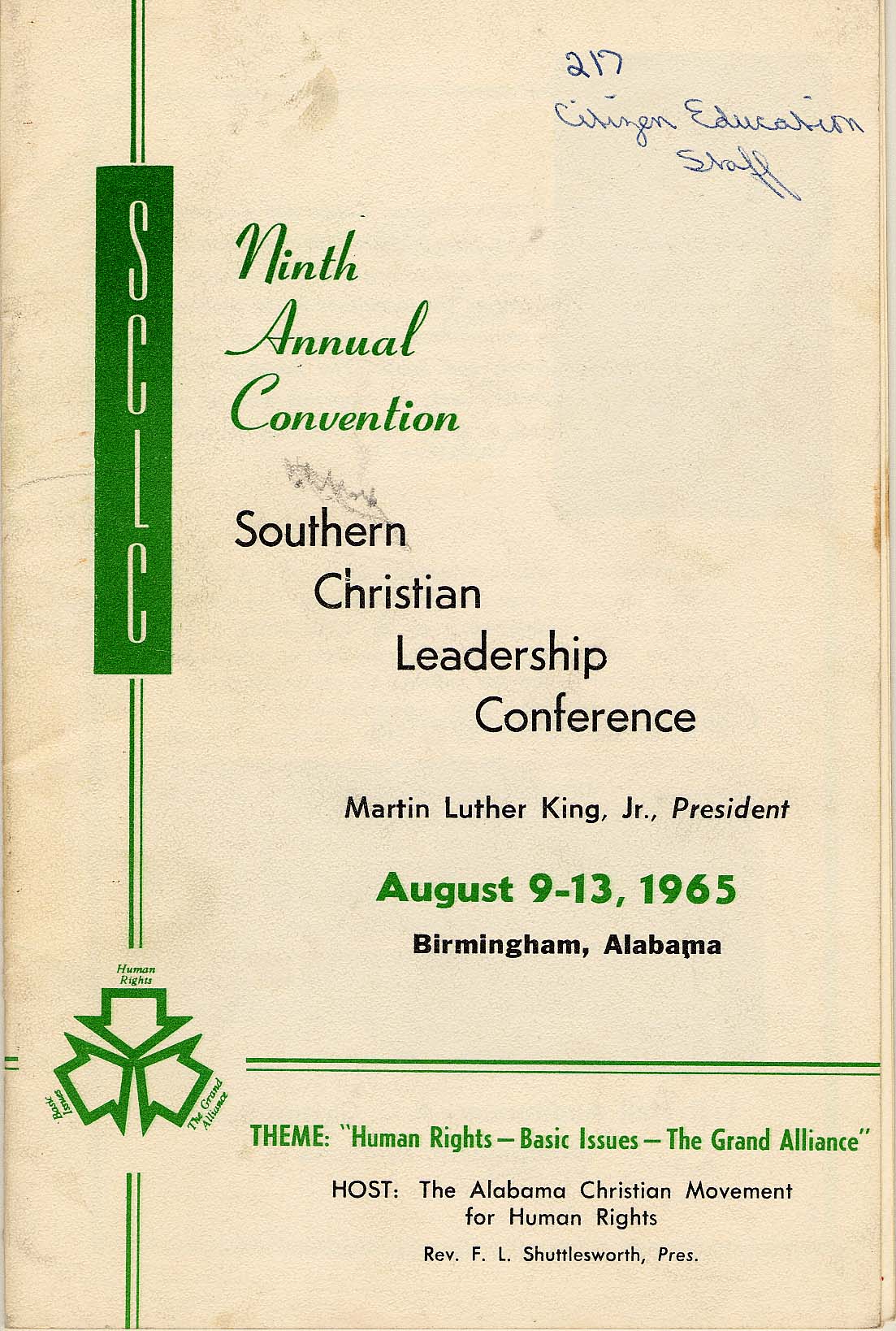 Cover of the SCLC convention booklet, Text reads: Ninth Annual Convention. Southern Christian Leadership Conference. Martin Luther King Jr. President. Aug. 9-13, 1965