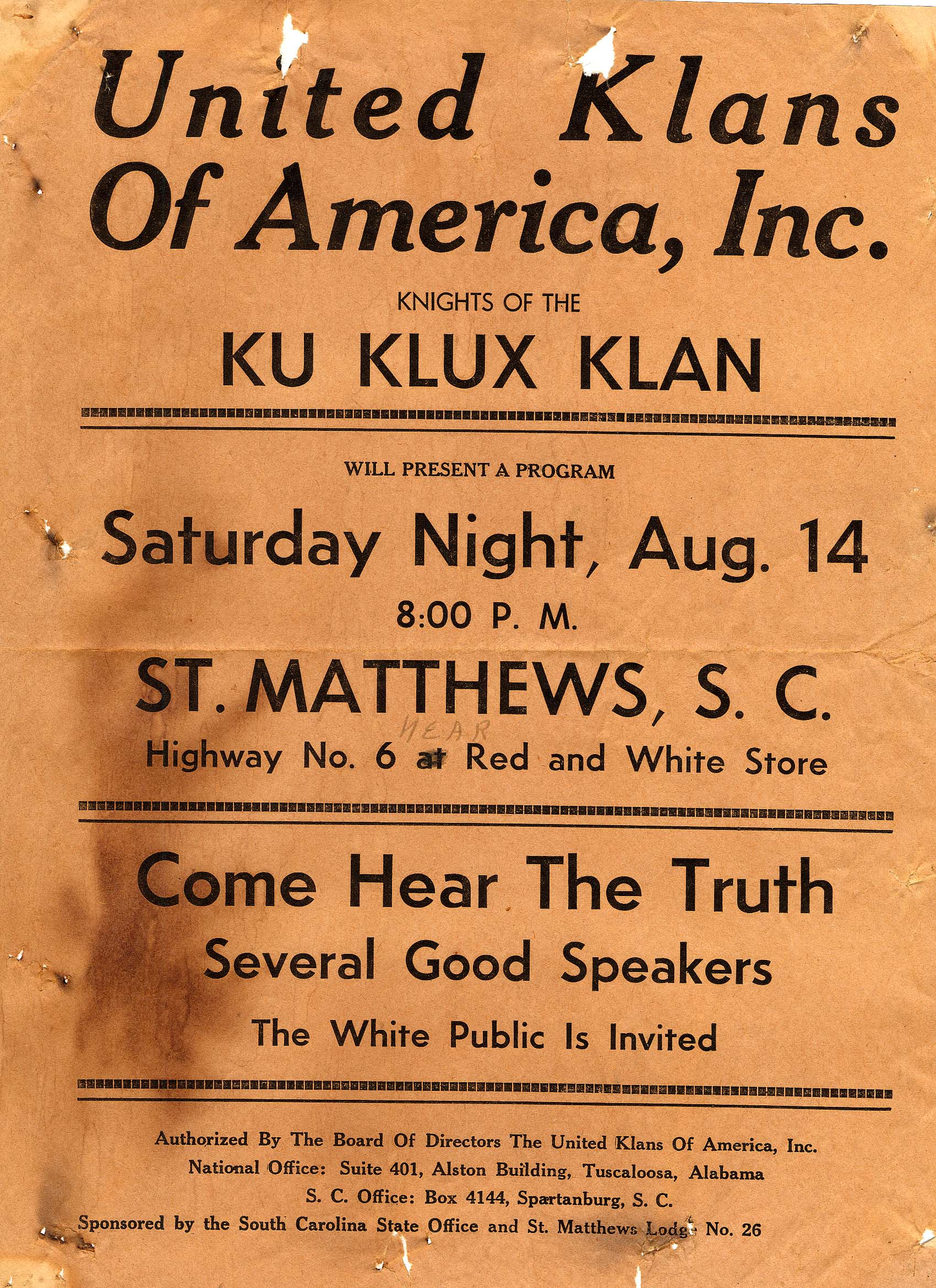 Ku Klux Klan pamphlet announcing an event open to the white public.