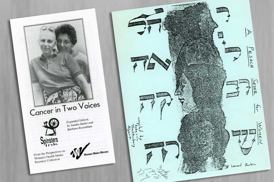 Two flyers, one with a photo of Sandra Butler and Barbara Rosenblum and one with a Pesach Seder for Women from the Aviva Cantor collection