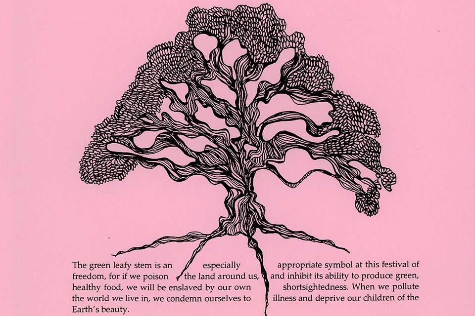 Black line drawing of a tree on a pink background