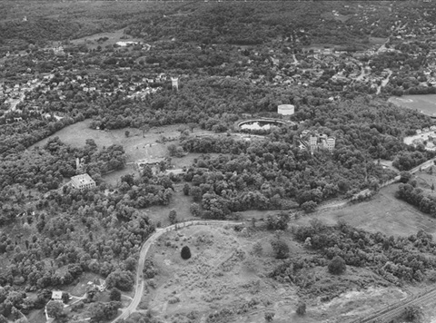 Aerial Photograph of Brandeis Campus with Ford Hall on the left half of the photo.