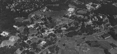 Aerial photograph of Brandeis campus, 1963. Ford Hall is on the left half of the photo.