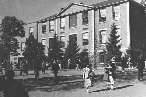 Front of Ford Hall with the completed Sydeman Hall addition. October 9, 1953