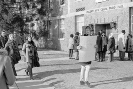 Students Protesting outside Ford Hall in support of the occupying students. January 8-18, 1969