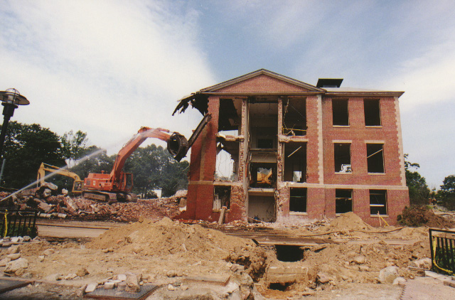 Front wall of Ford Hall being torn down