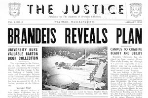 Front page of The Justice, January 1950. Main headline reads: Brandeis Reveals Plan. There is also a rendering of the plans for the campus.