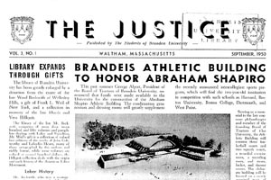 Front page of The Justice, September 1950. Main headline reads: Brandeis Athletic Building to Honor Abraham Shapiro. 