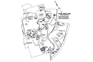 Map of Campus, ca. 1950, showing existing and new buildings, existing and new roads, athletic and recreational fields, etc.