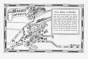 Map Postcard ca. 1950. Postcard has a hand drawn map of the area around Brandeis University with an inset box containing directions to campus by car.