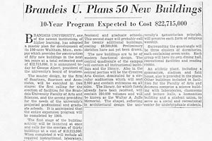 Clipping from the New York Herald Tribune, Sunday, February 26, 1950, with headline: Brandeis U. Plans 50 New Buildings. 10-Year Program Expected to Cost $22,715,000.