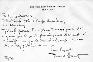 Handwritten letter of support from Fannie Hurst to Dr. Israel Goldstein.