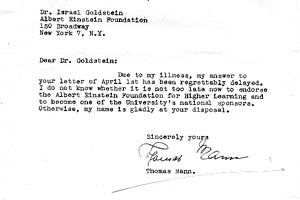 Typewritten and signed letter of support from Thomas Mann to Dr. Israel Goldstein