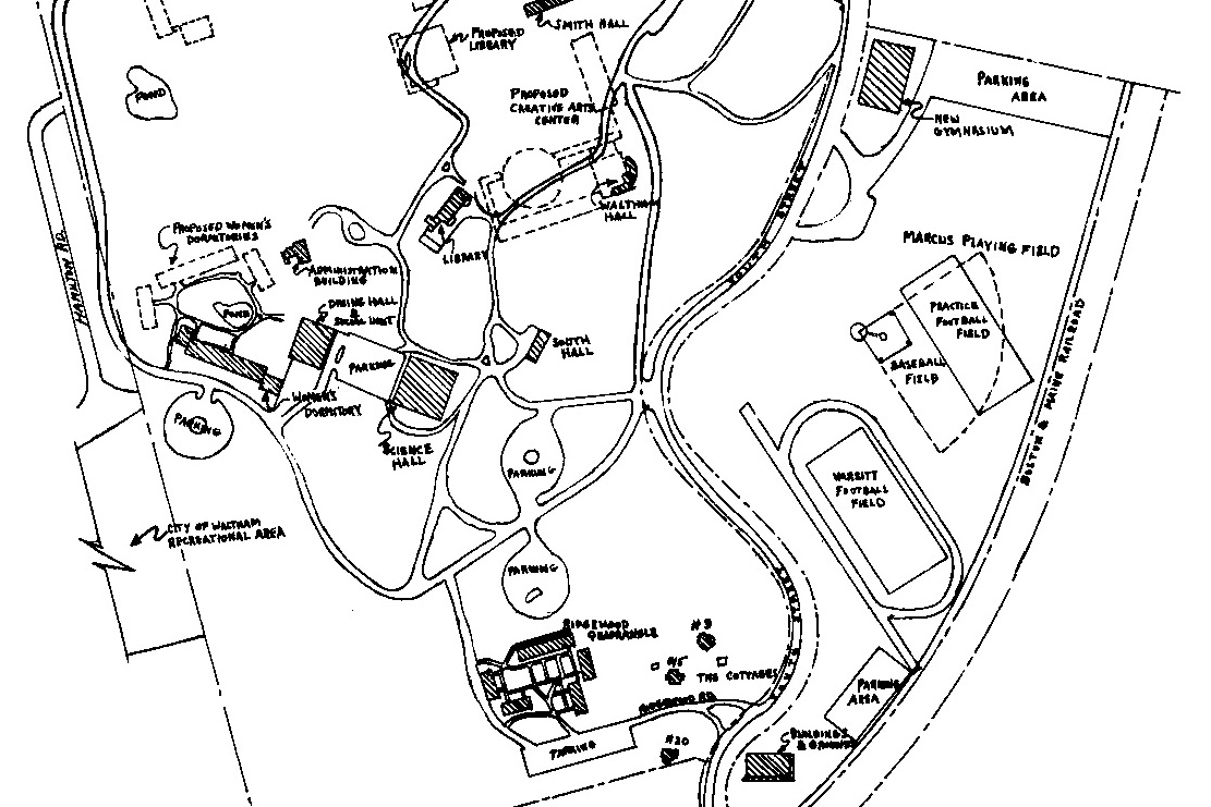 Excerpt of a map showing Brandeis campus with existing and new roads; existing and proposed buildings; and athletic and recreational fields.