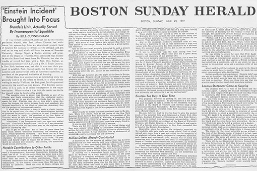 News clipping from the Boston Sunday Herald, June 29, 1947, with headline: "'Einstein Incident' Brought into Focus."