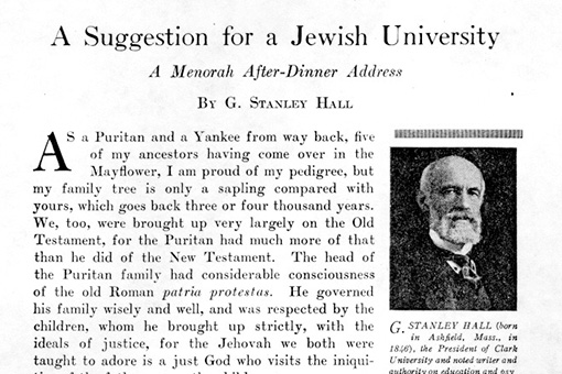 Clipping of article titled "A Suggestion for a Jewish University" by G. Stanley Hall, published in The Menorah Journal