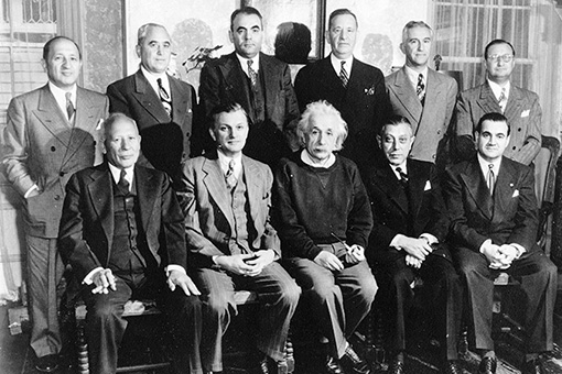 Group photo of The New England Associates of Brandeis University gathered at the home of Albert Einstein in Princeton, NJ on March 8, 1947.