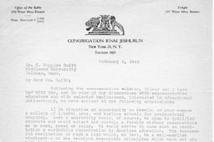 Letter to C. Ruggles Smith from Israel Goldstein whose father founded Middlesex College and later became the registrar of Brandeis University Middlesex College Collection. Letter is typewritten letter on B'nai Jeshurun letterhead and dated February 4, 1946.