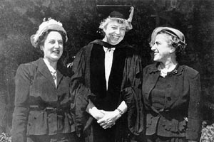 First Commencement Excercises , 1952. L to R: Edith Michaels, first National President of the National Women's Committee; Eleanor Roosevelt, member of the Board of Trustees; and Polly Slater, Chairman, National Women's Committee Conference. Eleanor Roosevelt is wearing academic regalia.