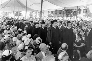 Graduates marching down the aisle at the first Brandeis commencement in 1952.