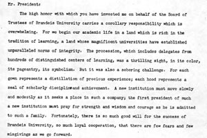 Typewritten page containing Dr. Sachar's Installation acceptance speech.