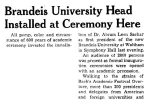 Boston Daily Globe newspaper clipping of Inaugural Activities, dated October 8, 1948.. Headline reads: Brandeis University Head Installed Here.
