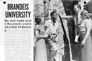 Ebony Article, February, 1952, with photo of 4 students standing in the archway of the Castle. Headline reads: Brandeis University: New Jewish founded school in Massachusetts preaches and practices full democracy.  Caption under the photo reads: Loafing between classes under antique-looking archway. Negro student Richard A. Jones chats with classmates.