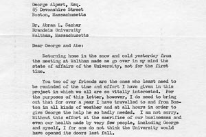 First page of a letter from Meyer Jaffe describing the activities of a busy Board Member. This typewritten letter is addressed to George Alpert and Abram Sachar