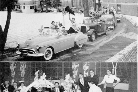 A page from the 1952 yearbook with a photo of the "Boost Brandeis Safari," a parade of cars heading to Harvard Square with megaphones, and a picture of the First Beaux Arts Ball in the Common Room, with a performance underway.