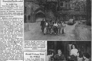 Clipping describing the celebrations at the end of the first year.  There is a photo of a group of students walking past the castle, and another photo of President Sachar and Ellen Lane, resident proctor, chatting with a group of students  in a girls' dormitory.