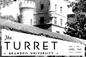 The Turret, April, 1949. Volume 1. Number 1. Fifty Cents. Cover photo is of the Castle.There is a library stamp in the middle.