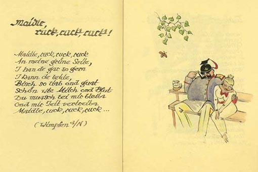 Poem titled "Maidle" with illustration on the opposite page of a couple sitting on a park bench