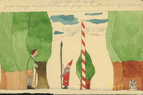 Watercolor of a man with a hiking stick emerging from the forest approaching a little elf like man with long white beard, red cloak and hat and a large stick standing in front of a red and white pole with direction signs saying "Boblingen" and "Vaihingen."