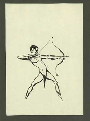 Ink drawing of a man with a bow and arrow