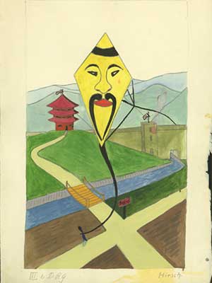 Color drawing of a kite with an Asian face and mustache. It is flying high above a bridge over a river, an intersection and 2 buildings and mountains in the distance. 