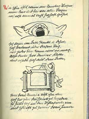 A page from Hirsch's book "Der Sonntag des Herrn Klette" with handwritten text and two illustrations of a man sleeping.