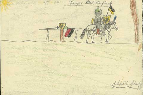 Pencil and crayon drawing of a knight in armor riding on a horse.