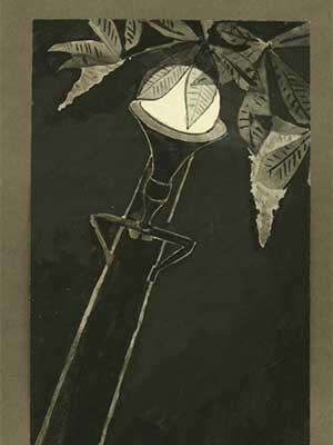 Drawing of a streetlight and a tree branch drawn at an oblique angle