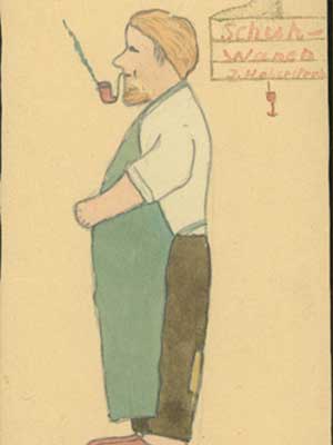 Drawing of a man with a pipe wearing an apron, viewed from the side