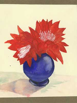 Watercolor of a blue vase with large red flowers